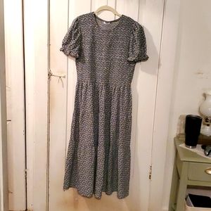 Puff Sleeve Smocked Tiered Green Floral Midi Dress